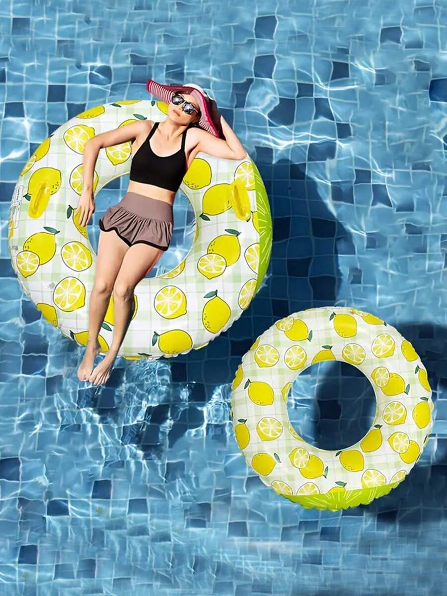 1pc Fruit Lemon Shaped Thick Dual Air Chamber Swimming Ring With Handle, Inflatable Swim Tube For Adults, Underarm Floats