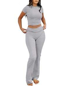 Lounge Sets Women 2 Piece Foldover Yoga Flare Leggings Pants Crop Tops Casual Y2K Outfits Matching Tracksuit Set - 粉色 - 查看 10