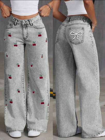 Women & Teenage Girls Fashion Street Style Bow Embroidery Detail Relaxed Wide-Leg Elastic Waist Jeans