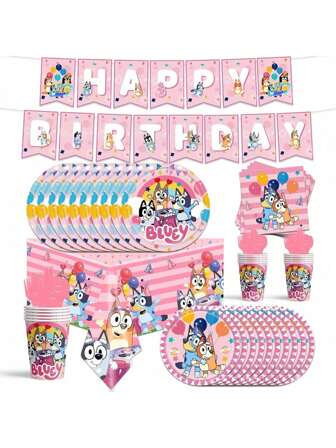 Bluey Roze Blueys Familie en Vrienden Bingo Hond Bruiloft Verjaardagsfeestje Thema Decoratief Serviesgoed Feestfoto Achtergrond Tafelkleed Banner Papieren Bord Papieren Beker Servet Cadeau Voor Bruiloften Verjaardagen Feestdagen Perfecte Feestartikelen & Tafeldecoraties (Sommige Onderdelen Kunnen Willekeurig Zijn)