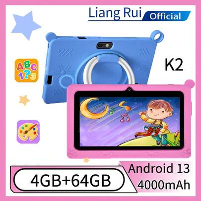 K2-4GB RAM+64GB ROM/7-Inch Children's Tablet PC/Quad-Core 1.3GHz Processor/Android 13 MTK8321 Chip/1280x800 IPS HD Display/2MP+5MP Camera/4000mAh Battery/WiFi Parental Control Education Games/ABS Plastic + Silicone Material Kids Education Tablet (Includes: Packaging Box/Data Cable/Manual/OTG Cable/Card Reader)