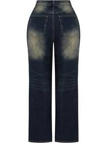 THUNDER Womens High Waisted Wide Leg Jeans Stretchy Distressed Pants - D Blue - View 2