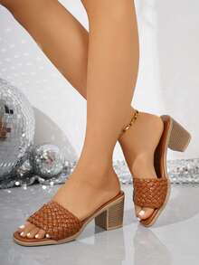 女士时尚中跟露趾穆勒凉鞋，方头，时尚女士高跟拖鞋，性感