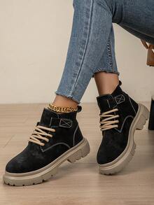 Stivali da combattimento con lacci frontali minimalisti da donna per autunno/inverno, stivali alla caviglia da esterno, stile di coppia, stivali da donna, stivali con platform