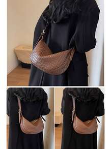 Women's Woven Crossbody Bag PU Leather Crescent Hobo Purse With Adjustable Strap Lightweight Shoulder Bag - 棕色 - 查看 4
