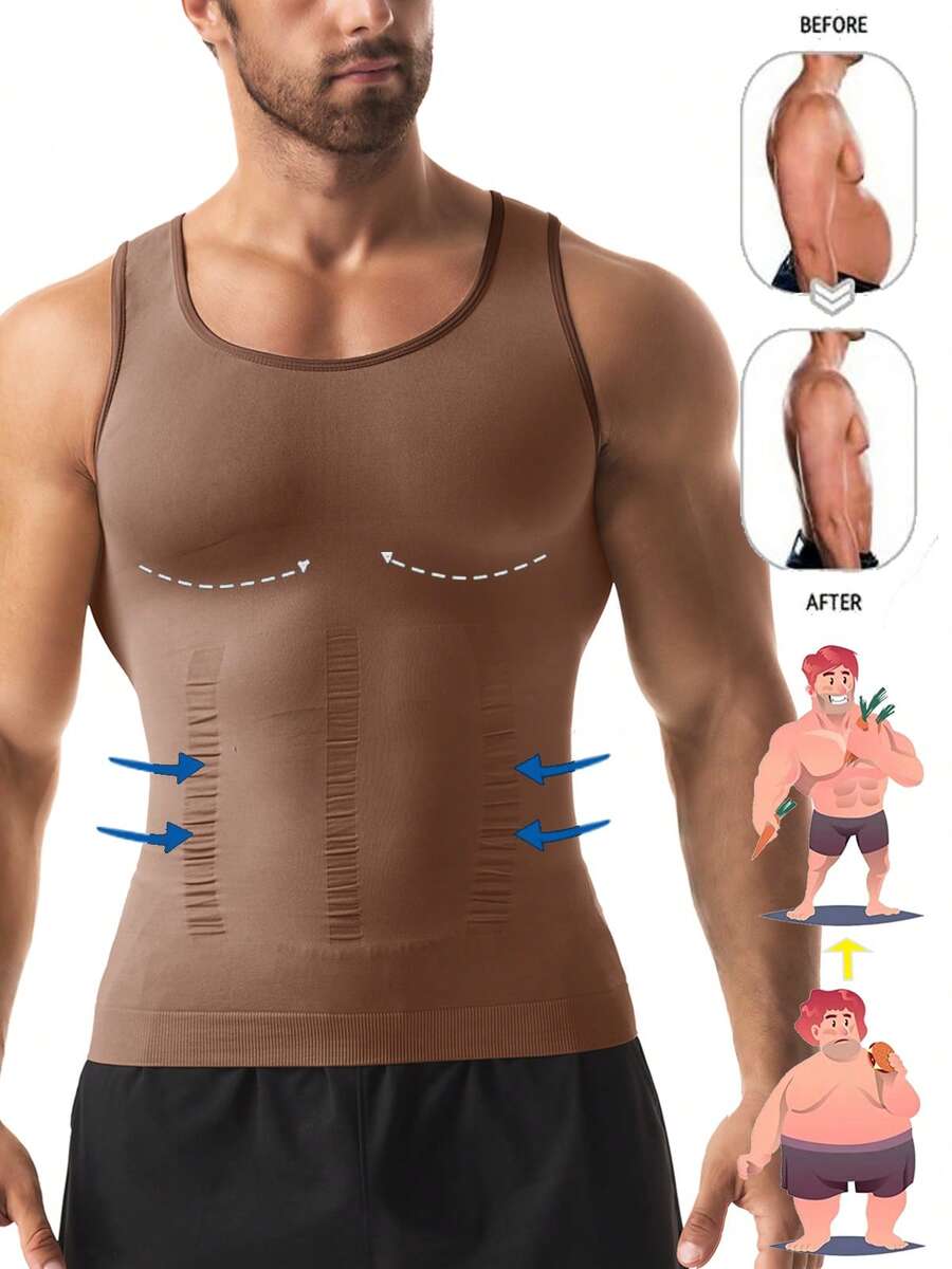Men Slimming Body Shaper Chest Compression Shirts Tummy Control Shapewear Abs Abdomen Slimming Vest Waist Trainer Corset Tank Tops Brown - 棕色 - 查看 1