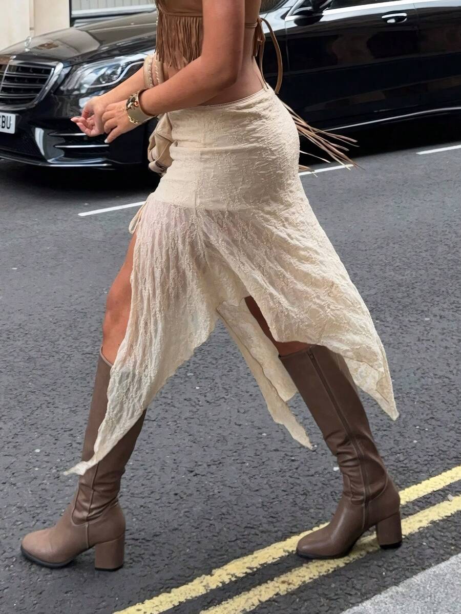 Women's Casual Solid Color Asymmetric Split Skirt With Tie Waist, Lightweight & Stylish, Suitable For Daily Wear, Music Festivals, Rock