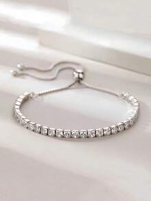 1 件女士可调节钻石链手链，方晶锆石网球手链，闪亮简约优雅的珠宝，适合日常佩戴 - 銀色 - 查看 1