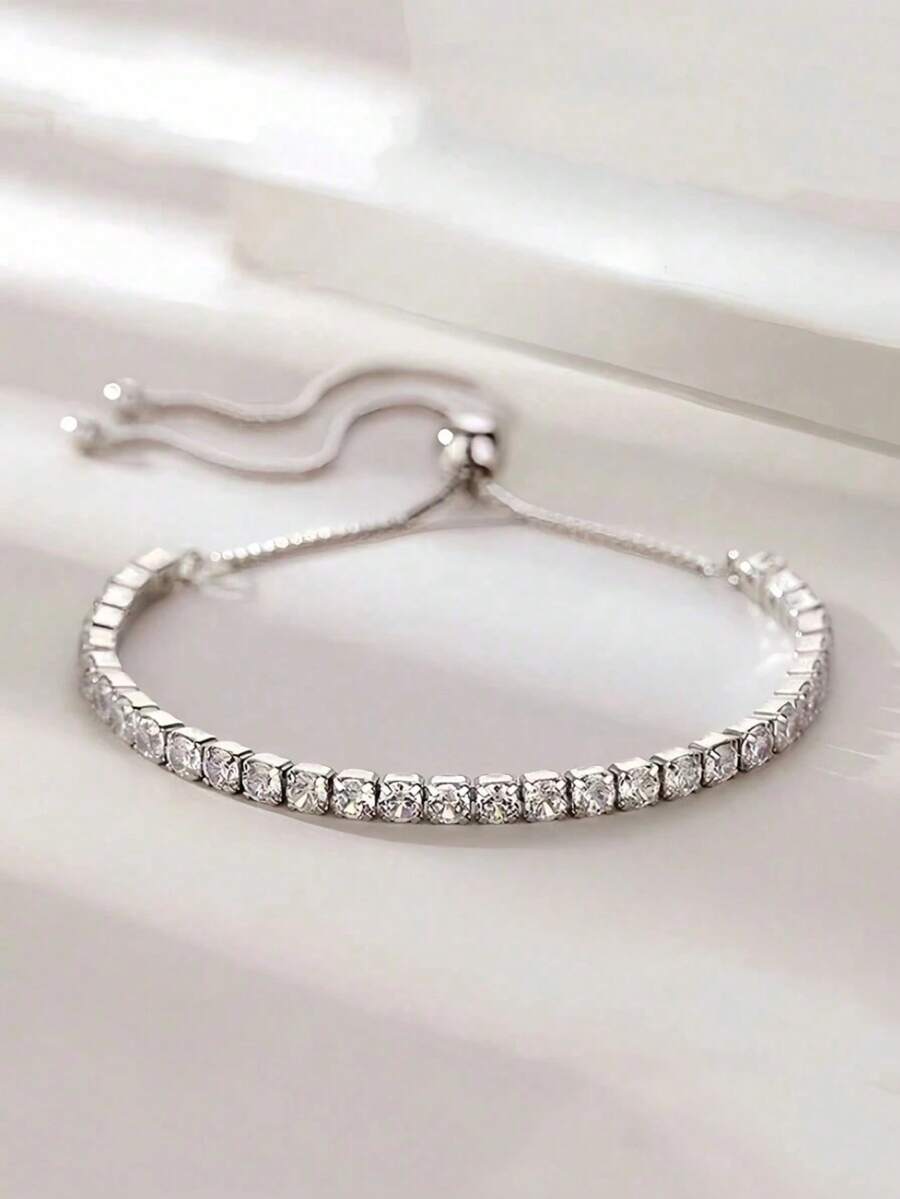 1 件女士可调节钻石链手链，方晶锆石网球手链，闪亮简约优雅的珠宝，适合日常佩戴 - 銀色 - 查看 1