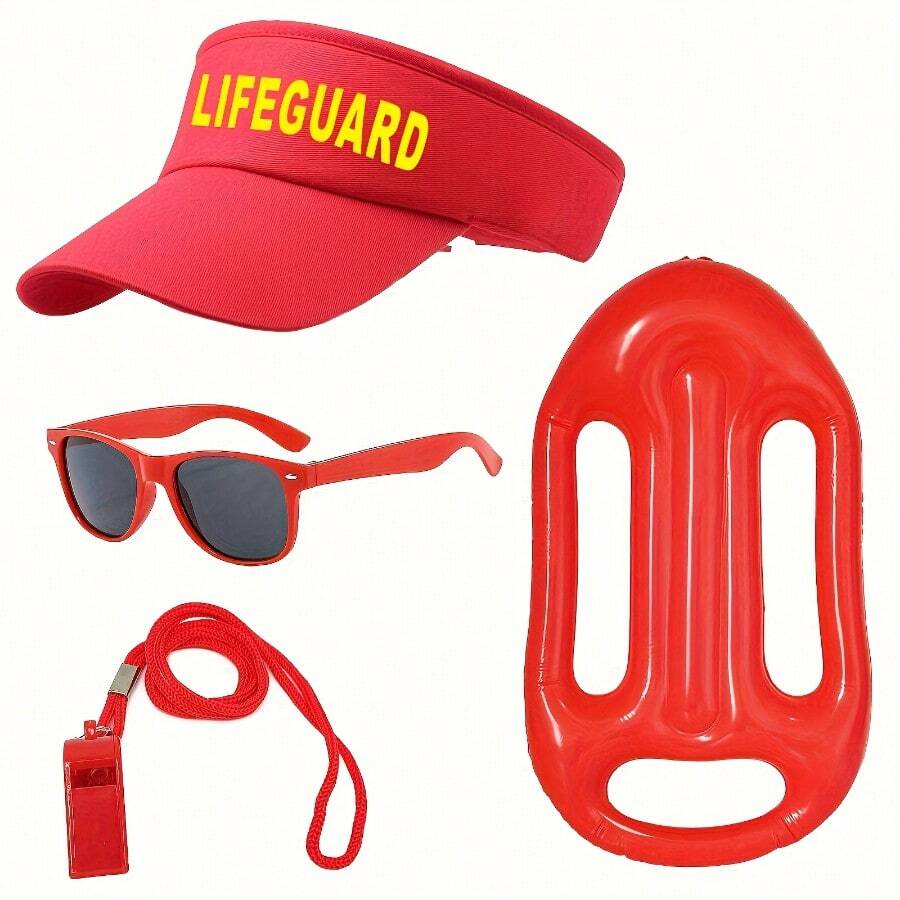 4-teiliges Rettungsschwimmer-Kostüm-Set - athletischer Stil verstellbarer Hut, aufblasbarer Rettungsring, Pfeife und Erwachsenen-Schwimmbrille - geeignet für Poolpartys, Halloween, Karneval - hervorragend für Maskenball und Rollenspiele