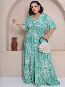 Plus Size Long Dress V Neck Short Sleeve - Green Flag Estam. - View 4