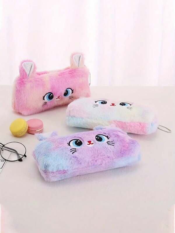 1 pièce Étui à monnaie mignon pour chat pour fille, trousse à crayons en peluche dégradé, fournitures scolaires