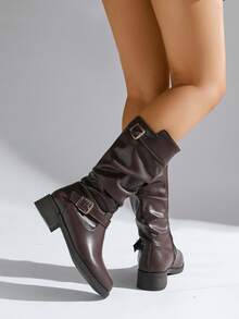 Women's Vintage British Style Brown Zipper Ankle Boots, Classic Comfort Fit, PU Leather Easy Maintenance, Insulated Lining, Versatile Foldover Calf Length Riding Boots, Ideal For Winter,Party