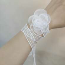 1 件女士白色优雅欧根纱花朵、蕾丝丝带细节腕花、新娘伴娘手花婚礼装饰情人节 - 白色 - 查看 15