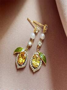 1 Pair Rhinestone Lemon Fruit Designed Luxury Elegant Long Earrings, Delicate Jewelry Accessory For Women, Suitable For Daily Casual Wear