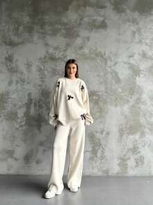 Women Casual Heart Pattern Round Neck Long Sleeve Pullover Top And Long Pants Set, Embroidery Design - White - View 2