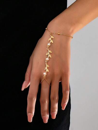 1 Stück modischer, einfacher & einzigartiger Armband mit Blatt & Perlen Deko für Frauen, Größen können variieren, genaue Perlenanzahl nicht garantiert