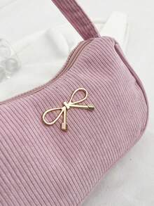 Bolso de hombro de mujer de unicolor, ligero y de lujo con decoración de lazo, rosa - Rosa - Ver 6