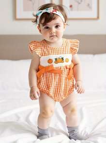 Baby Girl Halloween Romper Pumpkin Embroidered Plaid Bows Crew Neck Flying Sleeve Jumpsuit For Fall
