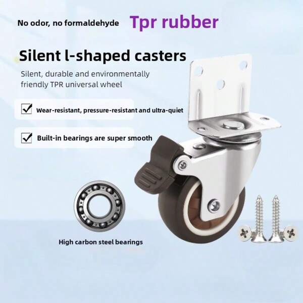 4pcs 1.25 Inch TPR L-Shape Omnidirectional Quiet Casters, Durable Rubber Wheels, Thickened Swivel Casters With Brake, Furniture, Cabinet, Table Movable Silent Caster Wheels (2 Swivel + 2 Brake Casters: 4 Set)