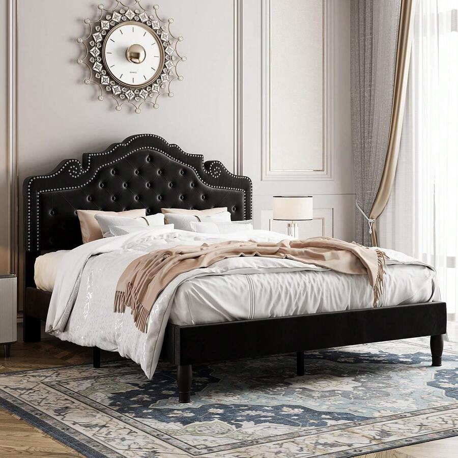 Full Size Platform Bed Frame With Adjustable Velvet Tiara Headboard, Upholstered Diamond Button Tufted, Wood Slats Support, No Box Spring Needed, Black - Negro - Ver 1