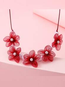 2 件花形纱线首饰套装，手工串珠珍珠手链和项链，可爱公主风格儿童配饰 - 均碼 - 查看 8