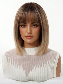 12英寸渐变棕黑金假发，女士短直波波头刘海造型，耐热合成纤维假发，时尚百搭，适合女性和女孩日常佩戴、参加派对、角色扮演、摄影等场合。 - 漸層 - 查看 4