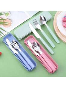 4 Stück tragbares Besteck-Set aus Edelstahl mit Messer, Gabel, Löffel und Aufbewahrungsbox - perfekt für Büros, Schulen, Picknicks, Camping und Outdoor-Aktivitäten (besonders geeignet für Kinder)