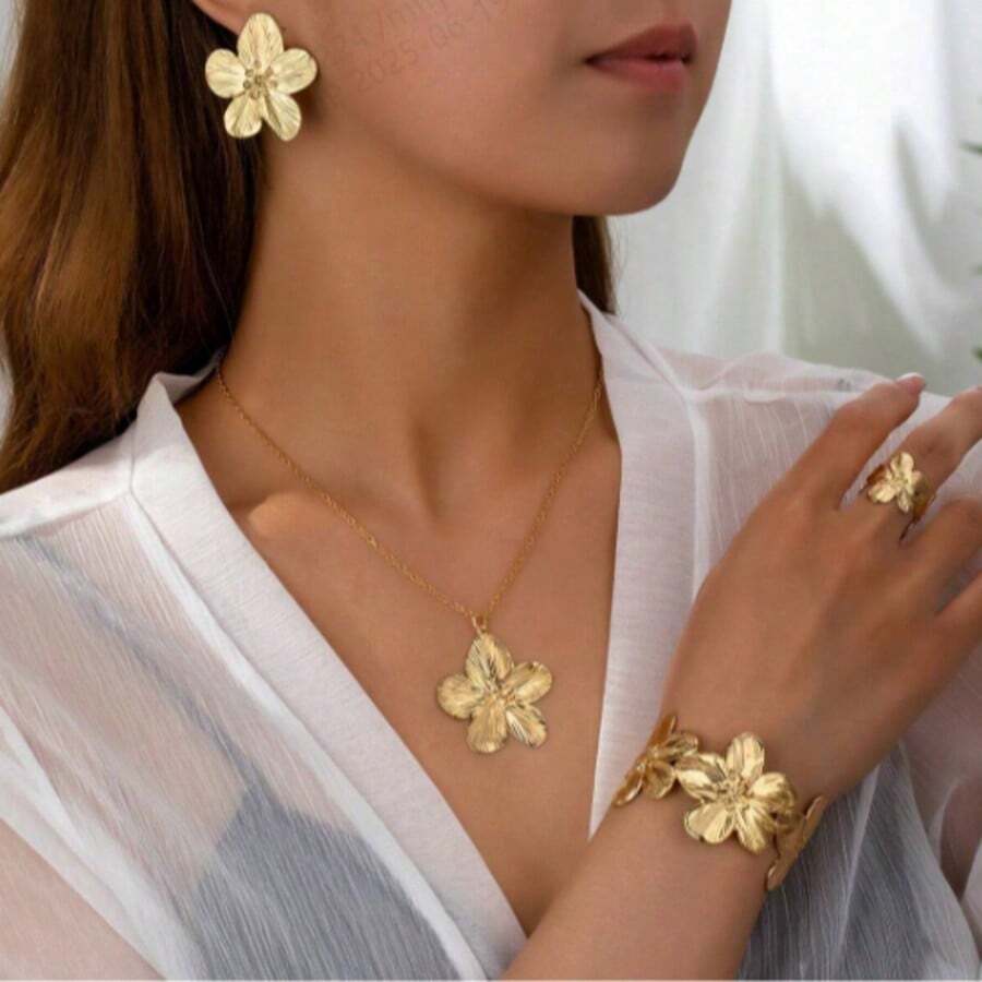 2pcs/5pcs Flower Necklace, Earrings, Bracelet, Ring Metal 5-Petal Flower Jewelry Set, Women Elegant Sweet Accessories
