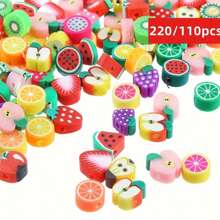 220/110 piezas Juego de cuentas de arcilla de verano con estampado de frutas aleatorio de 10 mm, charms de arcilla polimérica para hacer pulseras, collares y joyería