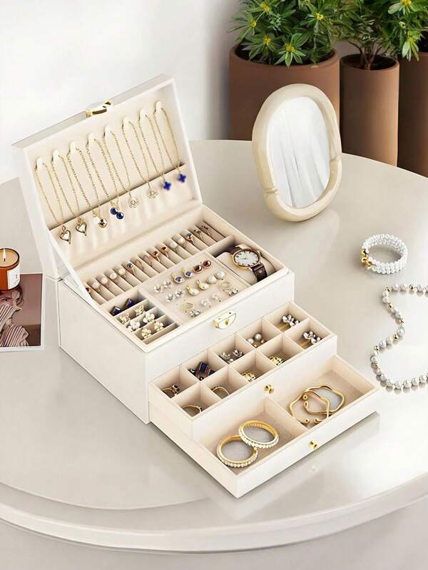 1pc, Multi-Layer Leather Jewelry Storage Box, Pu Leather Jewelry Storage Box, Convenient Jewelry Storage Box, Lockable Design, Dresser Jewelry Box With Drawer, Gift Jewelry Box With Removable Tray, Desktop Drawer Storage, Suitable For Earrings, Rings, Watches, Necklaces And Bracelets, Large Capacity, Anti-Oxidation, Valentine's Day Gift, Birthday Gift, Room Decoration, Summer Gift, Holiday Gift.