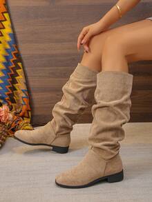 European And American, Warm Elastic Boots, Versatile Low Heel Square Toe Western Cowboy Boots, Autumn/Winter Plus Size Long Boots, Boots, Boot - Khaki - View 3