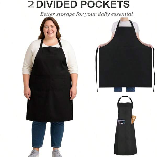 1 pieza Delantal talla grande con 2 bolsillos, delantal unisex de unicolor ajustable y oversize apto para cocina, restaurante, bar, limpieza, jardinería - Negro