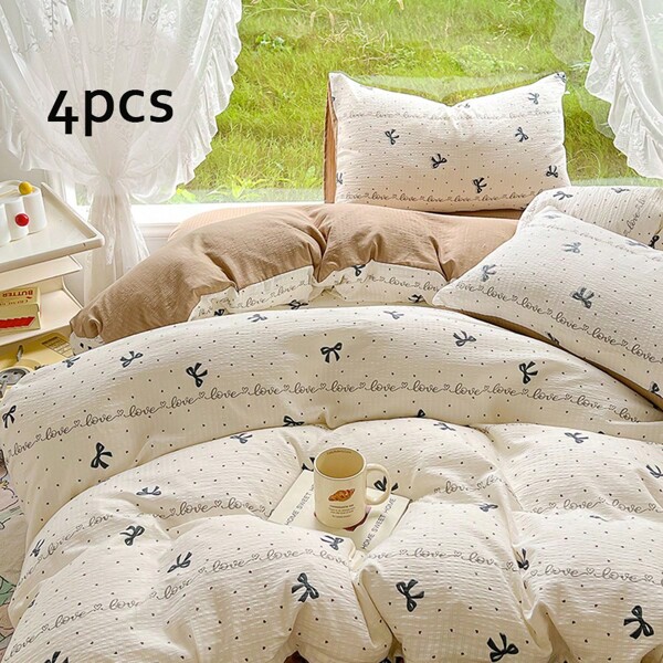 4pcs Bedding Set, Black Bow Printed Duvet Cover Set, Black Heart Pattern Duvet Cover Set, Retro Palace Style Duvet Cover Set, Coffee Polyester Bedding Set, Suitable For All Seasons, Suitable For Valentine's Day/Mother's Day, Back To School (Includes 1 Duvet Cover, 1 Bed Sheet, 2 Pillow Cases, Excludes Filler)