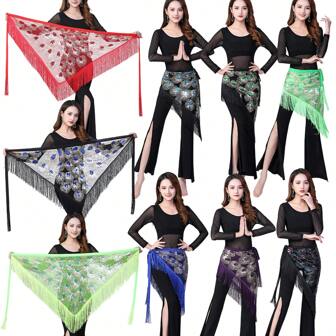 1 pièce Ceinture de taille à sequins avec motif de plume de paon et franges, pour la danse du ventre, le jazz, la danse folklorique, la danse latine, châle de taille triangulaire à sequins, accessoire de taille pour la danse