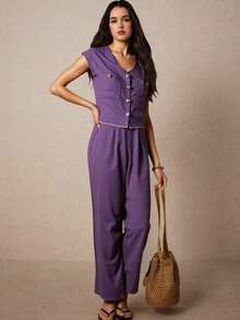 conjunto dos piezas PANTALON  Liso    Casual    Botón delantero  Bolsillo  Botón    Oficina - Lila Púrpura - Ver 3
