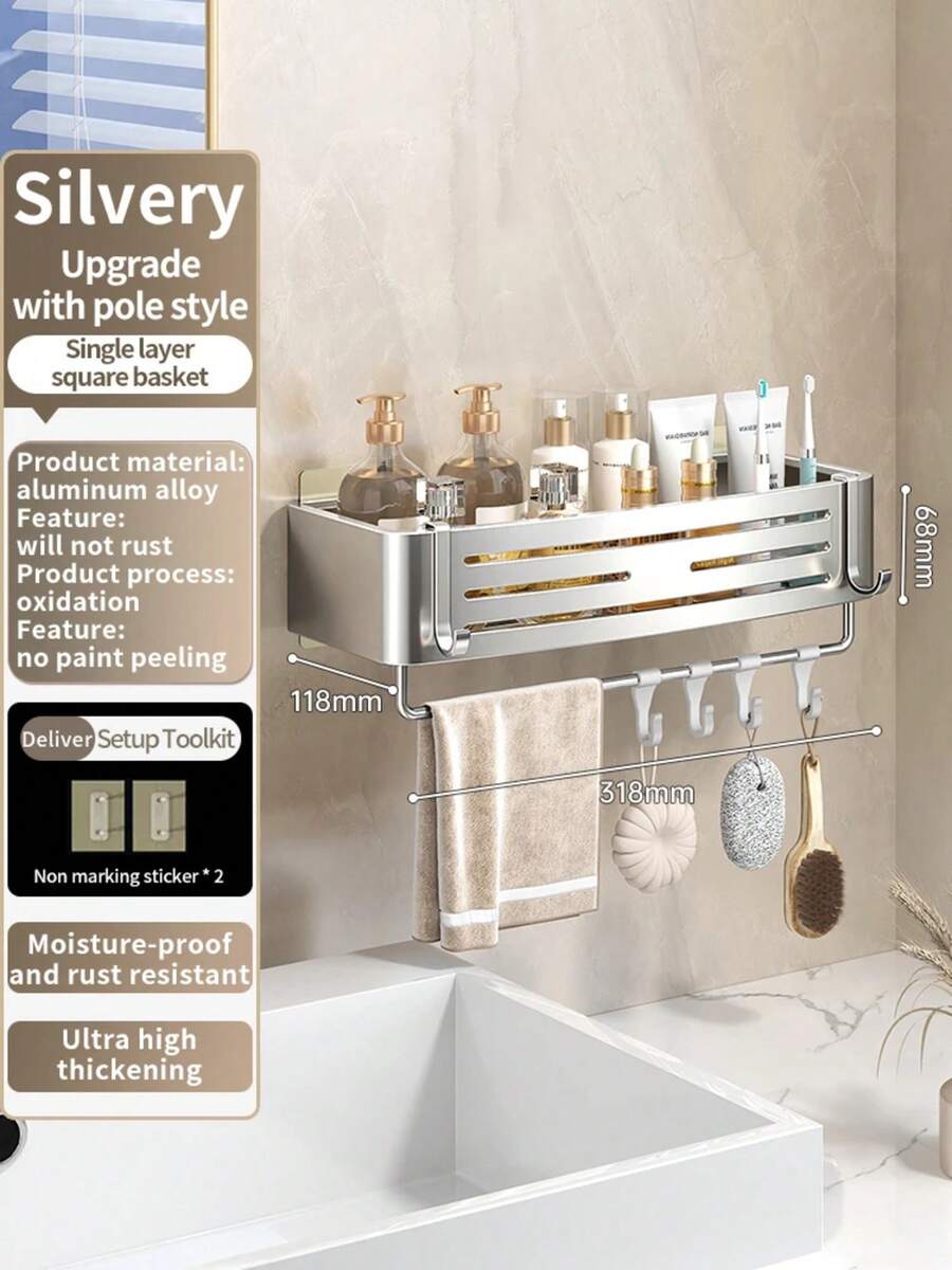Estantes de baño de aluminio sin taladro para instalación, estante de champú, soporte de almacenamiento, organizador de cocina - 6.8Barra cuadrada de plata - Ver 1