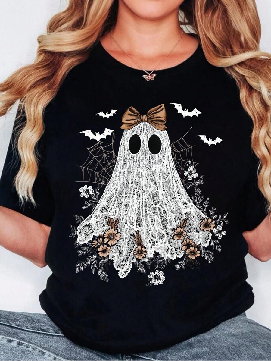 Halloween Cute Lace Ghost Boo DIY Iron-On Heat Transfer Sticker Decal Patch, Suitable For T-Shirts, Sweatshirts, Pillowcases, Fabric, Canvas Bags And Clothing Decoration, Holiday Party Decor, Handmade, 10inch