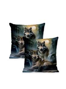 Fronha com design contemporâneo de lobo, 2 peças, fibra de poliéster, impressão unilateral, capa de almofada decorativa para sofá, decoração para casa, tema animal, estilo retrô, padrão geométrico, sala de estar, fecho de zíper, limpeza parcial sem núcleo de travesseiro