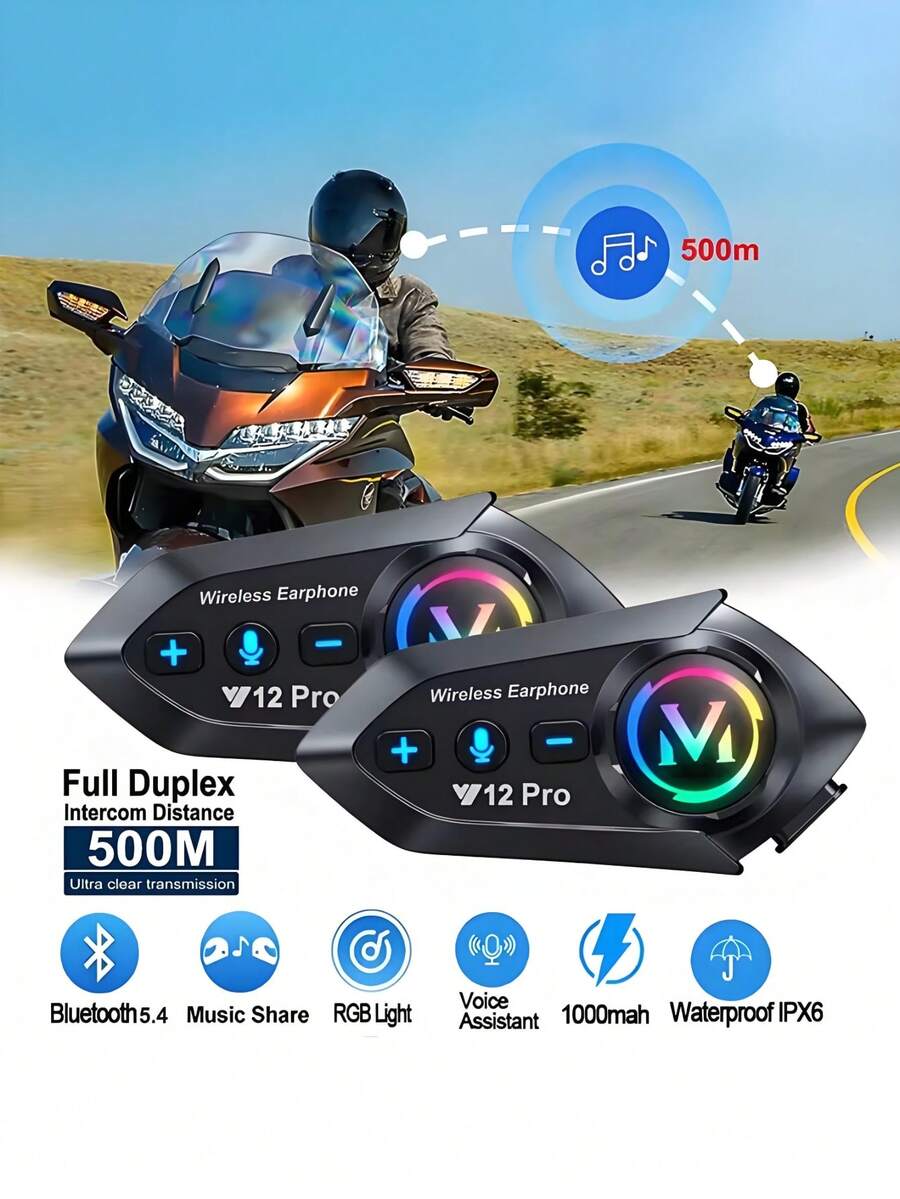Y12 PRO 音乐对讲蓝牙5.4摩托车头盔对讲耳机防水500米对讲机扬声器耳机-1个