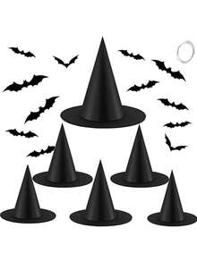 2/6/12 PIEZAS Decoraciones de Halloween Sombreros de bruja Accesorio de disfraz, Sombrero de mago negro grueso con cuerda para colgar a granel para mujeres y niños para decoración de porche, interior, exterior, fiestas, hogar, otoño, habitación - Multicolor - Ver 12