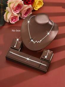4pcs Elegant Jewelry Set: Rhinestone Earrings + Necklace + Bracelet, Suitable For Women's Wedding & Evening Wear, Valentine's Day Gift For Girlfriend