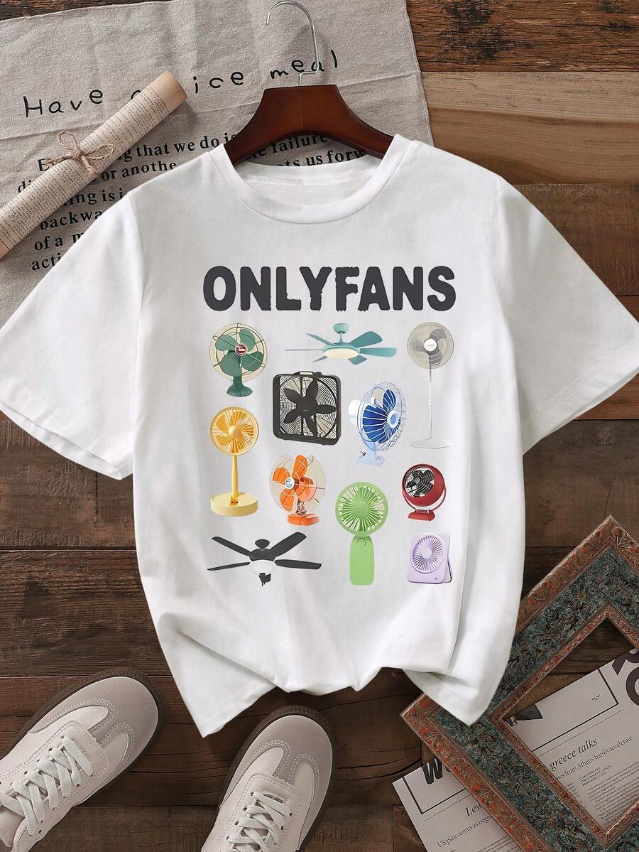 Ladies Vintage Fan Print Round Neck Short Sleeve T-Shirt - White - View 1