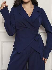 Conjunto 8019 blusa manga longa fita de amarrar/ calca pantolona com bolso alfaiataria twill - Azul marinho - Visão 3