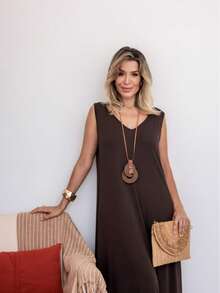 Women's Long Dress With Side Slit Plus Size - 鏽棕色 - 查看 5