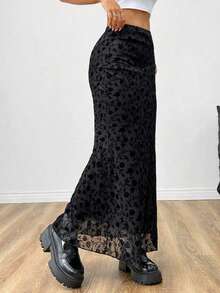 Falda larga estilo sirena de terciopelo floral negro para mujer - Negro - Ver 5