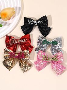 1 件女童定制名字闪光发饰，定制纯色亮片蝴蝶结鳄鱼夹，闪亮个性发夹，定制文字蝴蝶结礼品发夹，儿童发饰