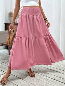 Women's Long Ditsy Floral Skirt, Casual Elastic Waist With Pockets, Ruffle Hem, A-Line Skirt For Summer Pink Spring - Pink - View 3
