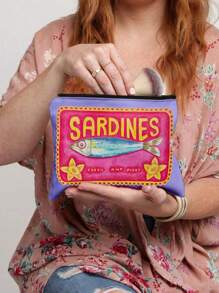 Retro Sardines Cosmetic Pouch,Olive Oil And Lemon Design, Unisex Adult Polyester Mini Makeup Bag, Hypoallergenic Zippered Toiletry Case, Pink Zippered Cosmetic Bag, Multifunctional Snack, Stationery Or Gift, Tin Fish Print Accessory Clutch, Cosmetic Pouch For Girls Women, Makeup Bag, Toiletry Bag For Travel, School, And Commuting,Unisex Adult Portable Storage Bag