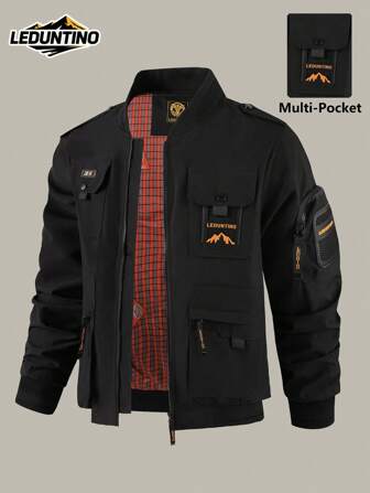 LEDUNTINO Men's Fashion Zipper Casual Outdoor Jacket, College Style, Sporty Style, Solid Color, Bomber Jacket, Boyfriend Gift, Men's Lightweight Spring/Autumn Windbreaker, Multi-Pocket, Streetwear, Baseball Style, Men's Spring/Autumn Outerwear